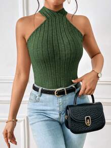 SHEIN Essnce Của phụ nữ Không lưng Halter Neck Áo Với Dây đeo - Màu xanh lá cây đậm - Xem 2