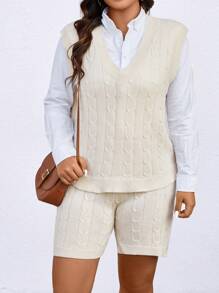SHEIN LUNE Plus Size Cable Knit Sweater Vest And Shorts Set - Apricot - View 6