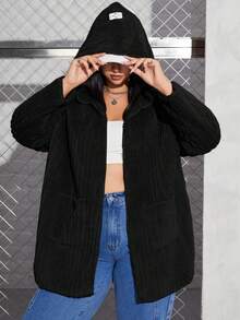 SHEIN EZwear Kích thước lớn áo có mũ Sang trọng Áo khoác Với Đã vá - màu đen - Xem 3