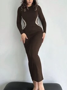 Women's Round Neck Colorblock Bodycon Dress, Elegant