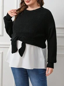 Plussiva Maternity Plus Size Color Block Pullover Sweater, For Winter - Black and White - View 4