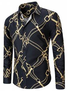 Camisa para hombre con estampado de cadena, holgada con botones de manga larga, gráfica y colorida, un regalo perfecto para el novio - Negro - Ver 3
