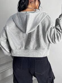 SHEIN EZwear 女士加大尺寸拉鍊前繫 & 運用拉繩的帽t恤 - 灰色 - 查看 3