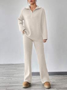 Flirla Knitted Sweater With Zipper And Knitted Pants Set With Dropped Shoulders - Apricot - View 5