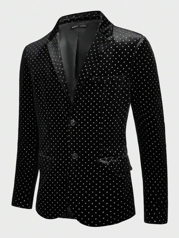 Men's Black Velvet Blazer With Polka Dots