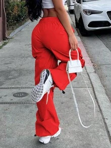 Solid Zip Up Flap Pocket Side Parachute Pants - Red - View 4