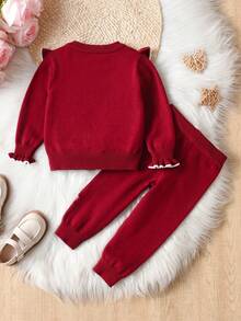 Baby Girls' Knitted Cardigan With Floral Embroidery & Ruffle Trim And Pants Set - Burgundy - View 2