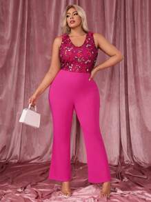 SHEIN SXY Plus Floral Embroidered Mesh Panel Flare Leg Jumpsuit - Hot Pink - View 1