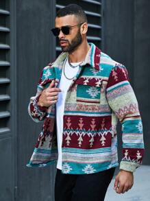 Extended Sizes Men's Plus Size Geometric Print Button Front Woolen Coat