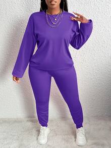 Slaydiva Women's Solid Color Drop Shoulder T-shirt And Leggings Two Piece Set - Purple - View 3