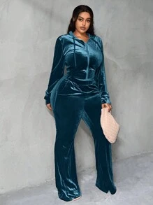 Slaydiva Plus Size Velvet Hooded Jacket And Pants Tracksuit With Zipper - Blue - View 3