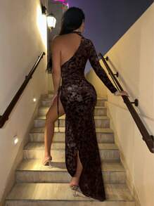 SHEIN SXY Ladies' Jacquard High Slit Dress - Coffee - View 2