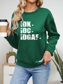 SHEIN LUNE 女士字母印花下垂肩運動衫 - 綠色 - 查看 1