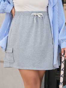 Dazy Plus 大码女式抽绳腰侧袋裙秋季半身裙 - 灰色 - 查看 8
