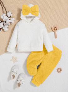 SHEIN Em bé Cô gái Giải trí Và Đáng yêu Bowknot Lông cừu Áo nỉ Và Quần Bộ , Trung bình Độ dày - Nhiều màu - Xem 1