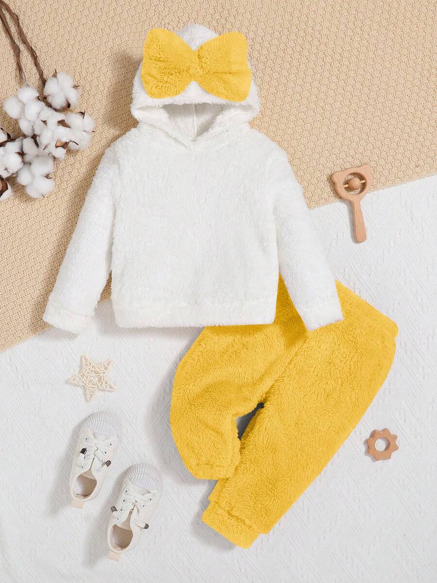 SHEIN Em bé Cô gái Giải trí Và Đáng yêu Bowknot Lông cừu Áo nỉ Và Quần Bộ , Trung bình Độ dày - Nhiều màu - Xem 1