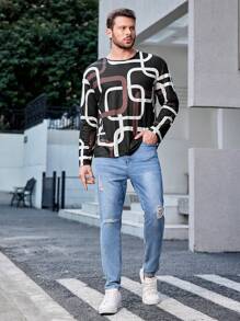 Manfinity Homme 男款全印花圓領長袖圖案 T 卹 - 黑與白 - 查看 3