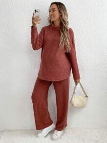 SHEIN 孕婦煙囪領落肩T恤&可調節腰圍長褲 - 鏽棕色 - 查看 4