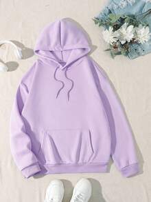 Women's Plus Size Floral & Letter Print  Pocket Drawstring Hooded Fleece Sweatshirt - Purple - View 2