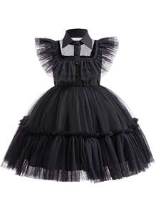 Glamorique Kids Young Girls Cosplay Flutter Sleeves Multi-Layer Tulle Glamorous Birthday Party Dress