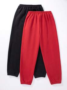 SHEIN Tween 女童纯色抽绳运动裤，2 件/套 - 彩色 - 查看 2