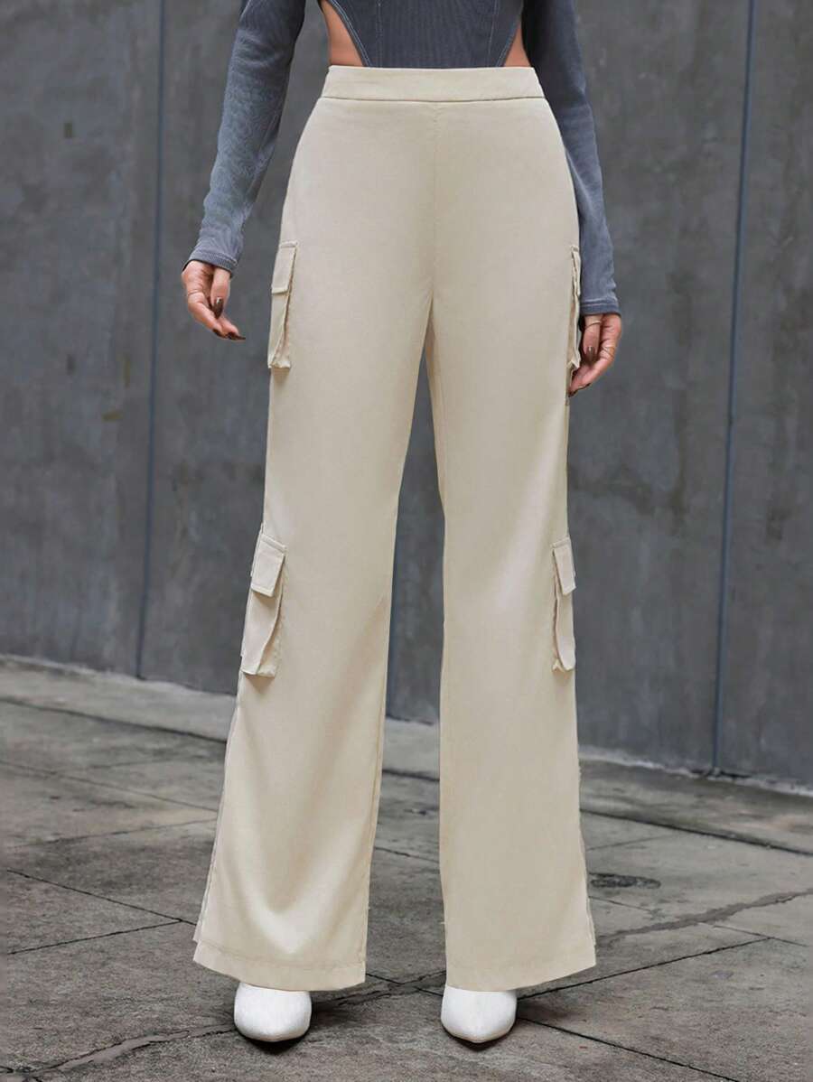 SHEIN Essnce Quý cô Màu thuần Cargo Phong cách Dài Quần - Màu Khaki - Xem 1