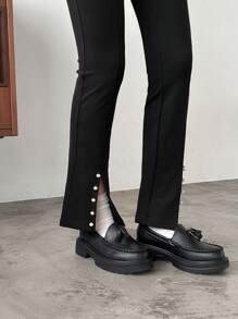 FRIFUL SHEIN X AYA NAKAMACHI 1pc Button Decor Split Hem Long Pants - Black - View 5