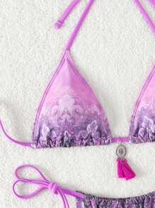 Swim SXY Summer Pattern Printed Triangle Cup Tied Side Bikini Swimwear Set