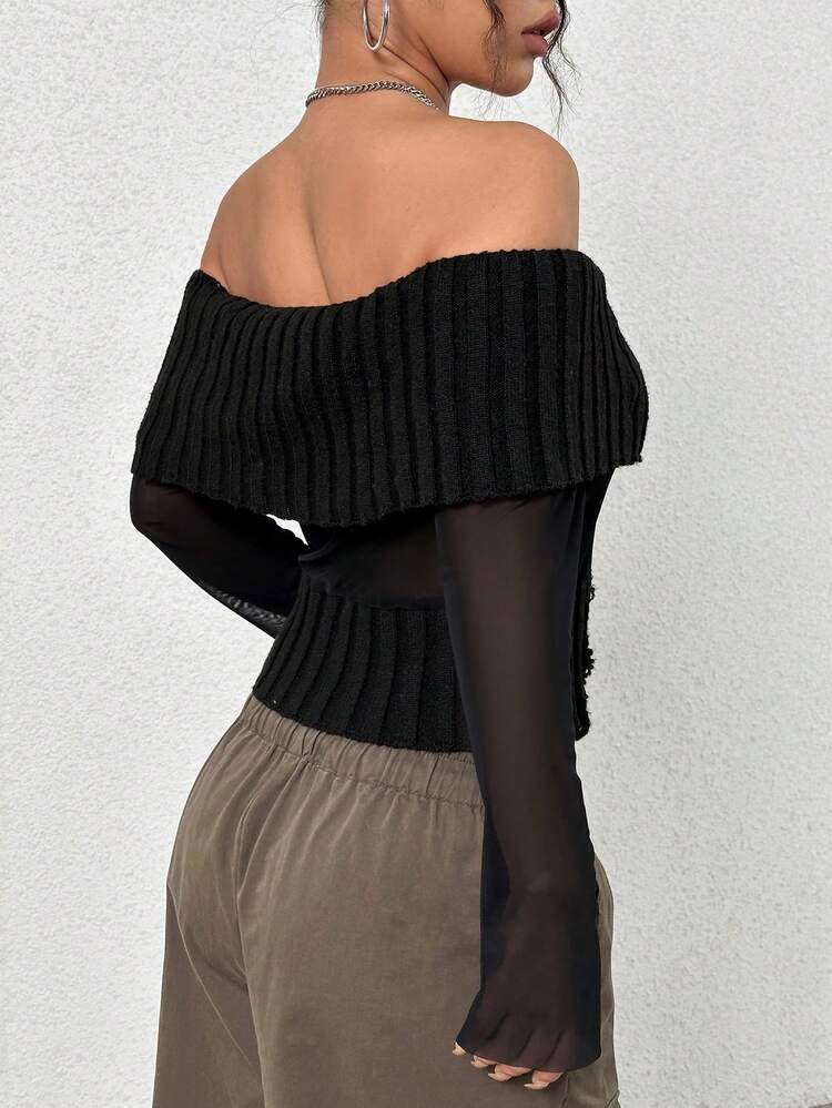 Women's Asymmetric Off Shoulder Mesh Contrast Distressed Knit Pullover Fall Winter Sweater