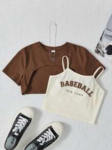 Meisjes In de mode Sportief brei Ronde hals Korte mouwen Tops En Cami Vest , 2 st./set