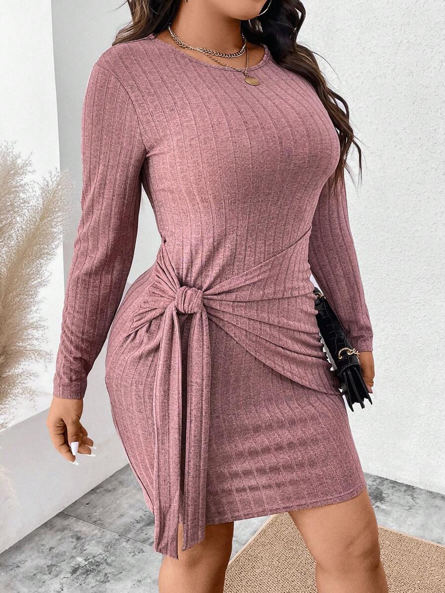 Calvaya 大尺碼女士緊身連身裙,綁結和皺摺細節設計 - 紫色 - 查看 1