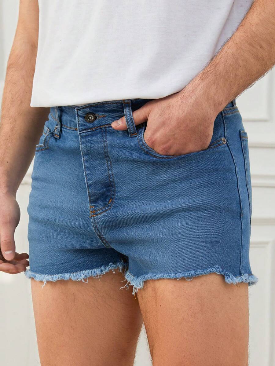 RueChic Men Raw Hem Denim Shorts - Blue - View 1