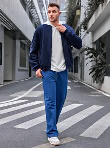 Manfinity VCAY 男士加大码字母印花撞色连帽夹克，适合秋冬 - 藍色 - 查看 5