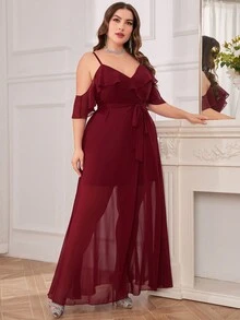 大码女式纯色荷叶边露肩伴娘礼服（配腰带） - 酒紅色 - 查看 5