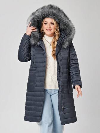 Plus Size Women Winter Casual Hooded Furry Collar Padded Coat