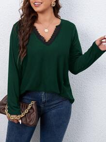 SHEIN LUNE 女裝加大號蕾絲拼接v領休閒t恤 - 墨綠色 - 查看 6