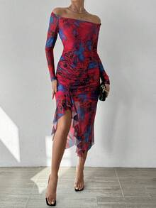 SHEIN Privé Tie-Dye Fold Asymmetrical Hem Bodycon Dress - Red Violet - View 3