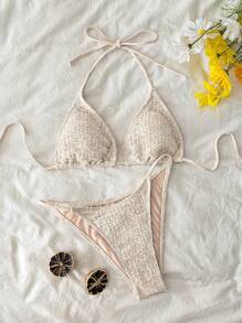 SHEIN Swim Summer Beach Smocked Halter Triangle Bikini Set - Apricot - View 1