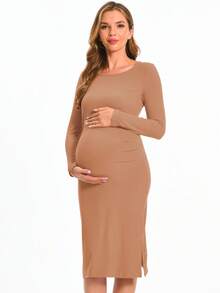 Maternity Solid Color Long Sleeve Hip Cover Dress - Apricot - View 8