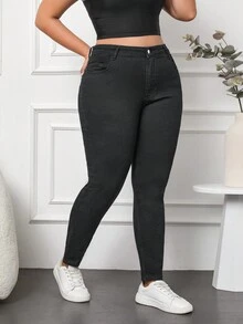SHEIN Cottnline بنطلون جينز ضيق مقاس كبير - رمادي غامق - مشاهدة 6