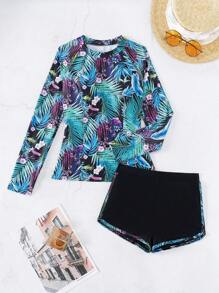 Swim SPRTY Summer Beach Random Tropical Print Long Sleeve Bikini Set - Multicolor - View 8