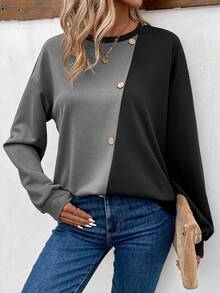 SHEIN LUNE 紐帶裝飾撞色運動衫 - 黑色 - 查看 1