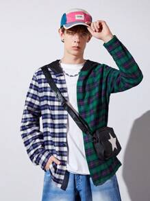 Teenage Boys' Plaid Patchwork Hooded Shirt - Multicolor - View 1