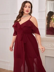 大码女式纯色荷叶边露肩伴娘礼服（配腰带） - 酒紅色 - 查看 3