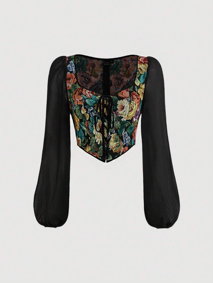 SHEIN MOD Floral Print Grommet Lace Up Blouse - Black - View 1
