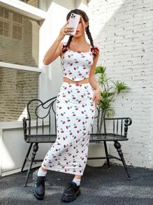 SHEIN EZwear Women's Cherry Printed Vest And Skirt Set - Multicolor - View 1