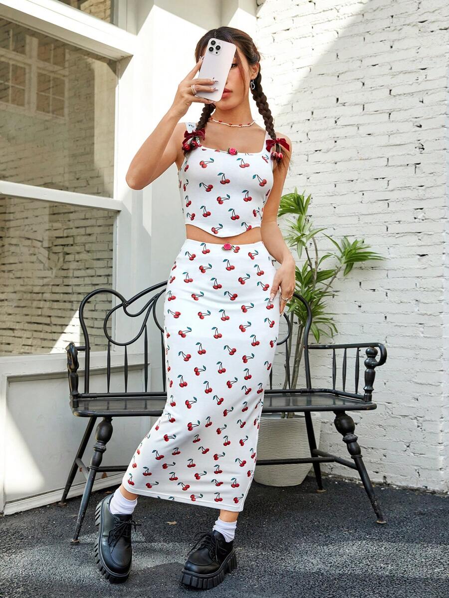 SHEIN EZwear Women's Cherry Printed Vest And Skirt Set - Multicolor - View 1