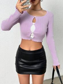 SHEIN Qutie Women'S Solid Color Ribbed Cardigan With Button Closure - Lilac Purple - View 6