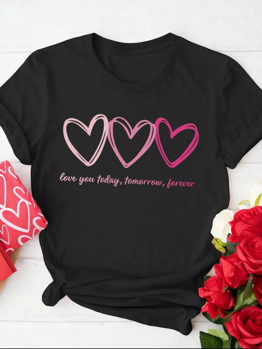 Calvaya Kích thước lớn Của phụ nữ Love Tim & In thư Vòng cổ Ngắn tay Áo thun - màu đen - Xem 1