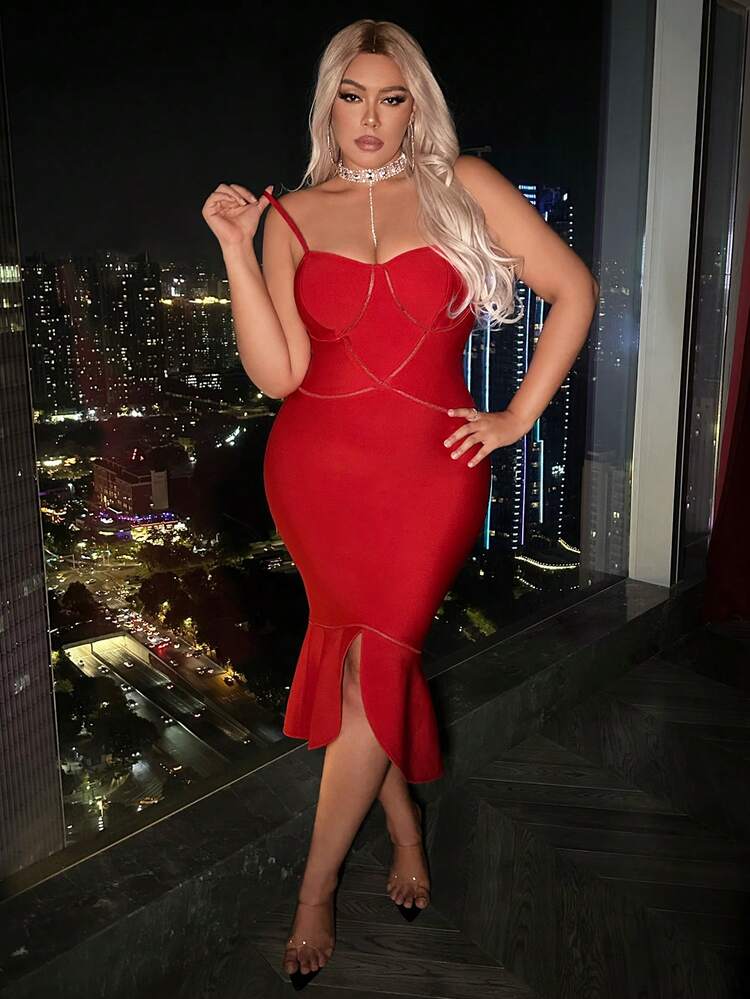 Plus Size Women'S Spring Summer High Split Hem Red Bandage Dress